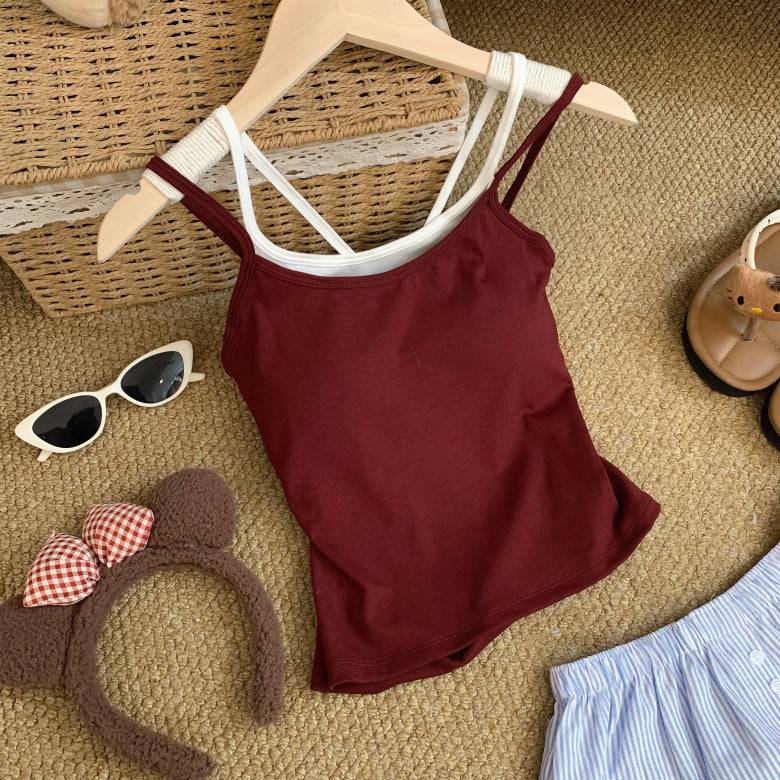 OOTDAY contrast trim camisole with built-in bra, two-piece look summer tank top, backless crop cami for girls, Korean slim fit layering top, red white black khaki camisole top