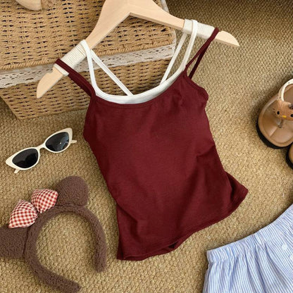 OOTDAY contrast trim camisole with built-in bra, two-piece look summer tank top, backless crop cami for girls, Korean slim fit layering top, red white black khaki camisole top