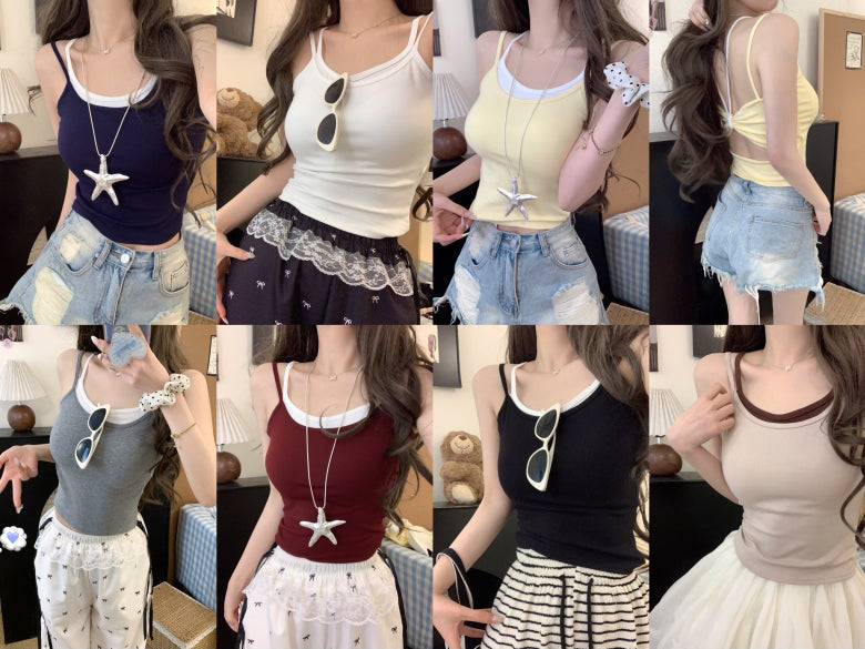 OOTDAY contrast trim camisole with built-in bra, two-piece look summer tank top, backless crop cami for girls, Korean slim fit layering top, red white black khaki camisole top