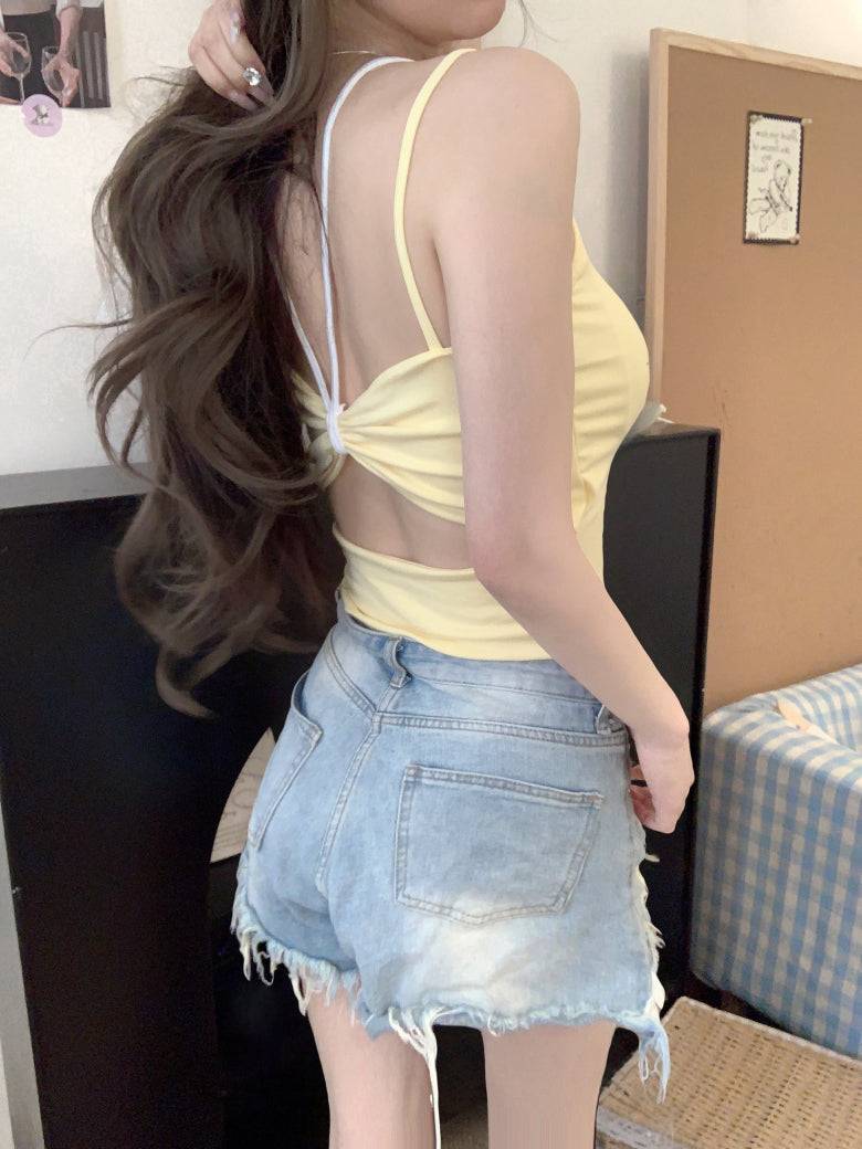 OOTDAY contrast trim camisole with built-in bra, two-piece look summer tank top, backless crop cami for girls, Korean slim fit layering top, red white black khaki camisole top