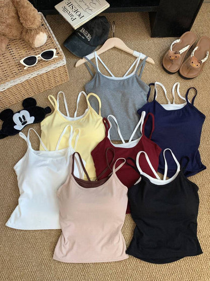 OOTDAY contrast trim camisole with built-in bra, two-piece look summer tank top, backless crop cami for girls, Korean slim fit layering top, red white black khaki camisole top