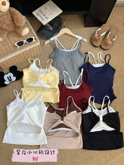 OOTDAY contrast trim camisole with built-in bra, two-piece look summer tank top, backless crop cami for girls, Korean slim fit layering top, red white black khaki camisole top