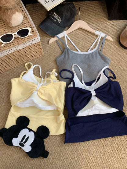 OOTDAY contrast trim camisole with built-in bra, two-piece look summer tank top, backless crop cami for girls, Korean slim fit layering top, red white black khaki camisole top
