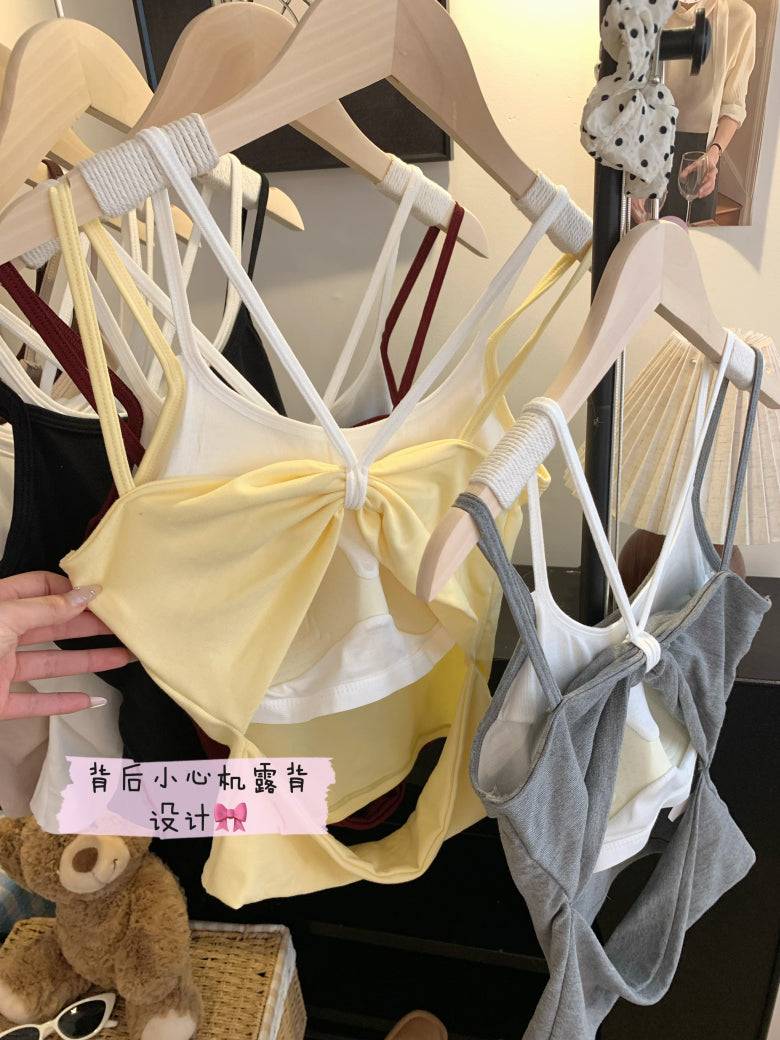 OOTDAY contrast trim camisole with built-in bra, two-piece look summer tank top, backless crop cami for girls, Korean slim fit layering top, red white black khaki camisole top