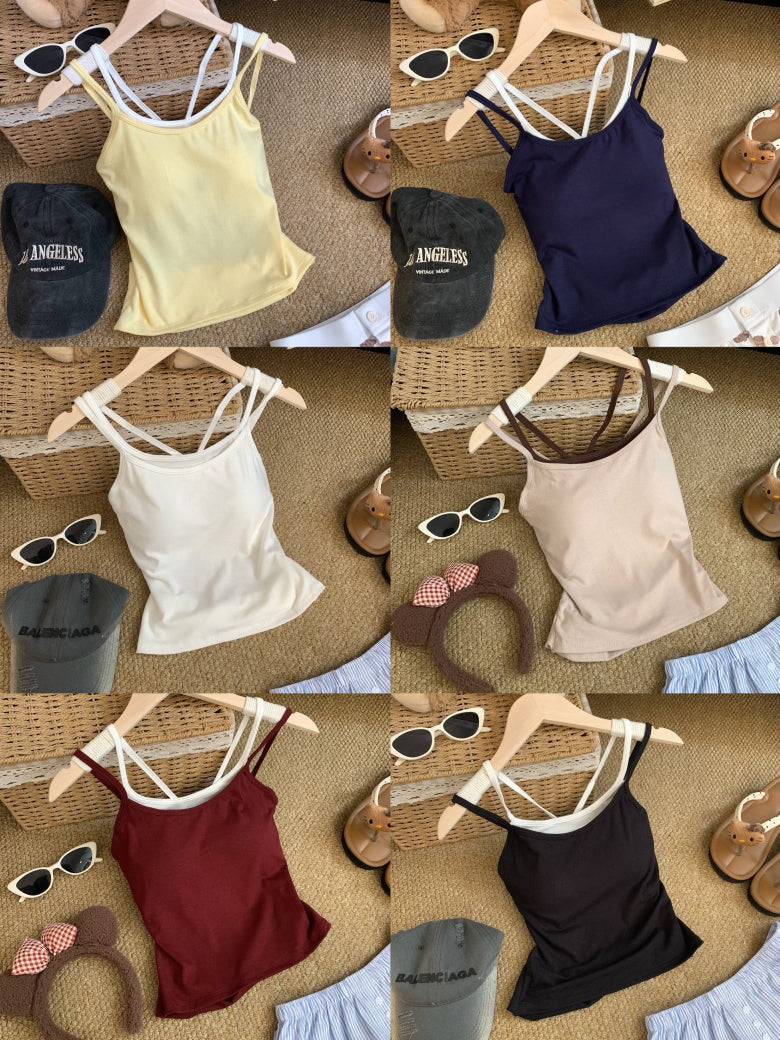 OOTDAY contrast trim camisole with built-in bra, two-piece look summer tank top, backless crop cami for girls, Korean slim fit layering top, red white black khaki camisole top