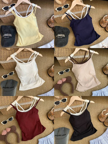 OOTDAY contrast trim camisole with built-in bra, two-piece look summer tank top, backless crop cami for girls, Korean slim fit layering top, red white black khaki camisole top