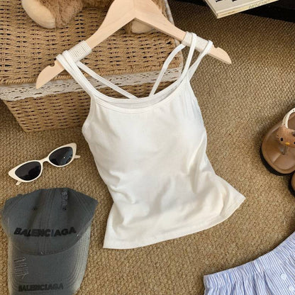OOTDAY contrast trim camisole with built-in bra, two-piece look summer tank top, backless crop cami for girls, Korean slim fit layering top, red white black khaki camisole top