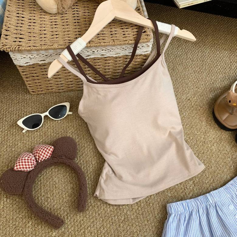 OOTDAY contrast trim camisole with built-in bra, two-piece look summer tank top, backless crop cami for girls, Korean slim fit layering top, red white black khaki camisole top