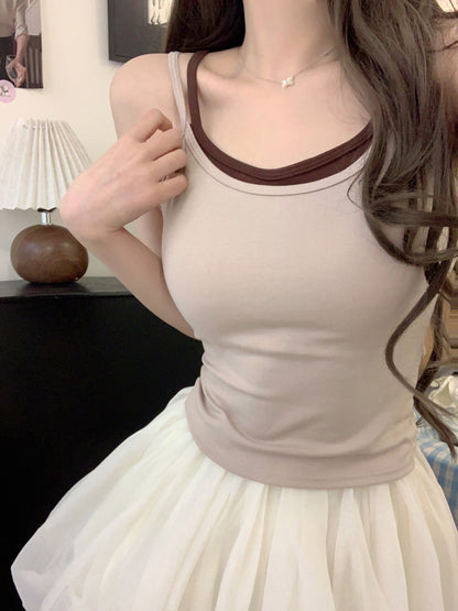 OOTDAY contrast trim camisole with built-in bra, two-piece look summer tank top, backless crop cami for girls, Korean slim fit layering top, red white black khaki camisole top