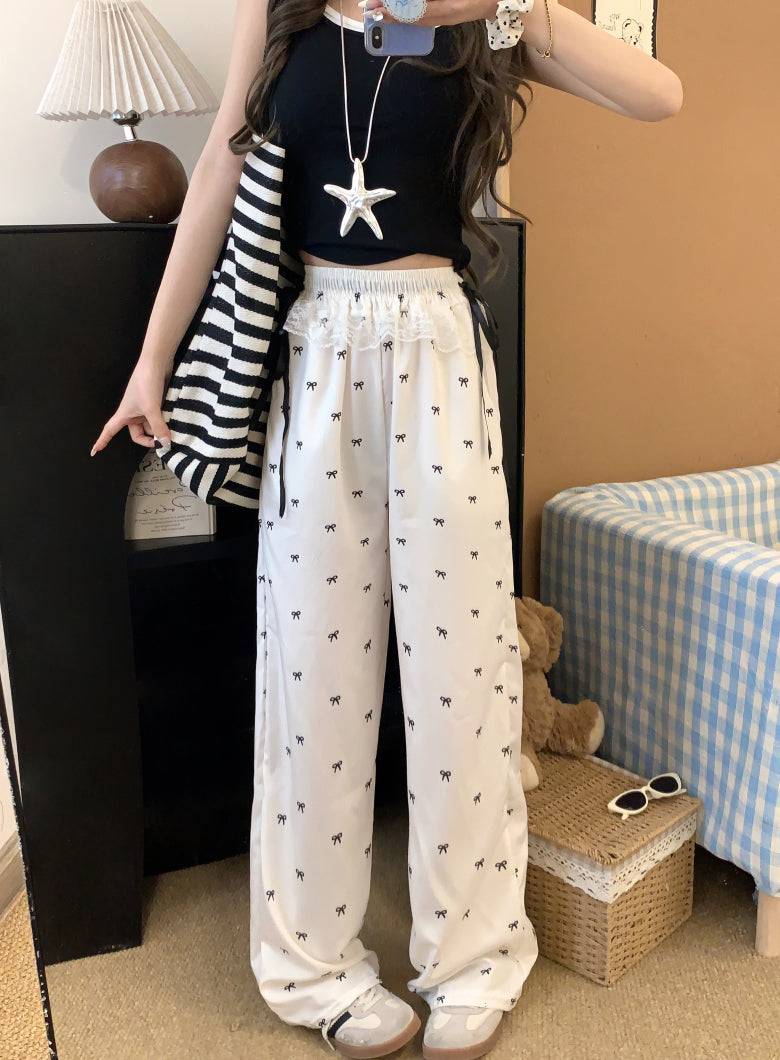 OOTDAY cotton wide-leg summer pants, black and white flowy trousers, high-waisted minimalist pants for women, Korean style comfy pants