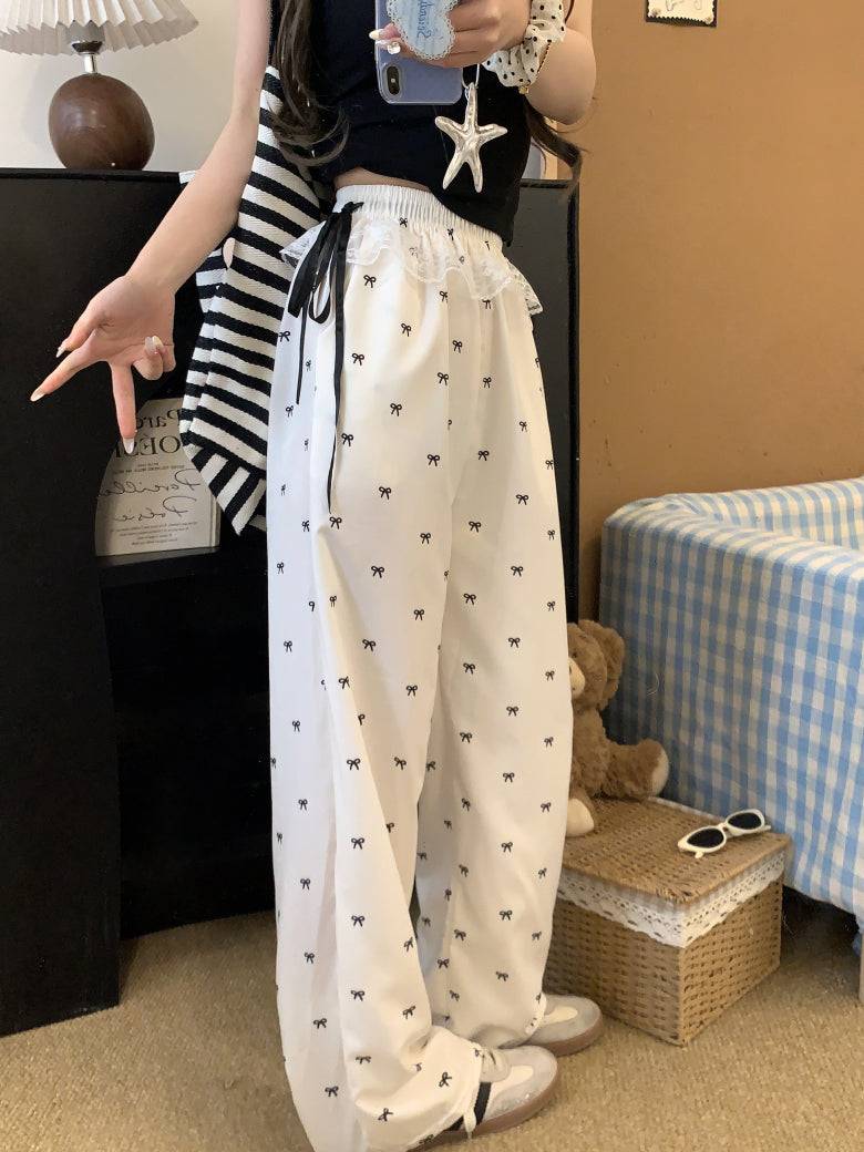 OOTDAY cotton wide-leg summer pants, black and white flowy trousers, high-waisted minimalist pants for women, Korean style comfy pants