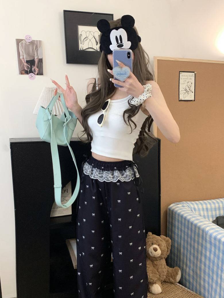 OOTDAY cotton wide-leg summer pants, black and white flowy trousers, high-waisted minimalist pants for women, Korean style comfy pants