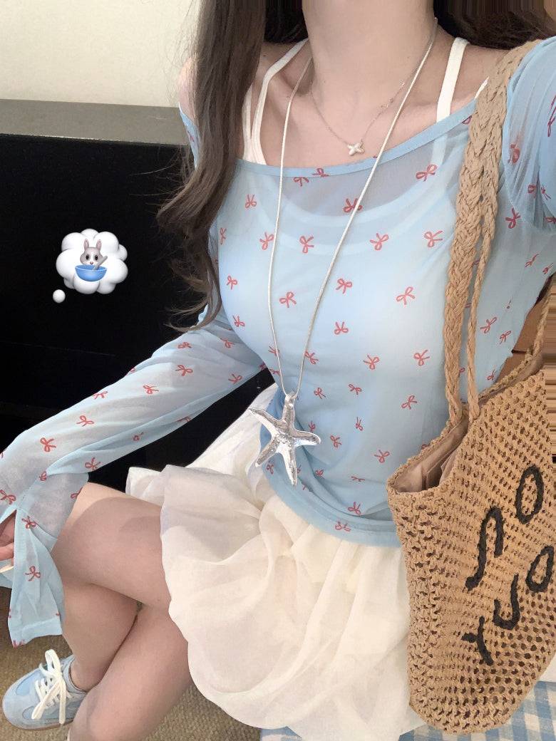 Long sleeve bow print slim fit tee – lightweight dopamine summer knit top by OOTDAY