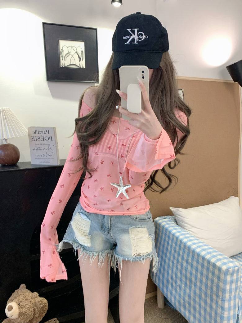 Long sleeve bow print slim fit tee – lightweight dopamine summer knit top by OOTDAY