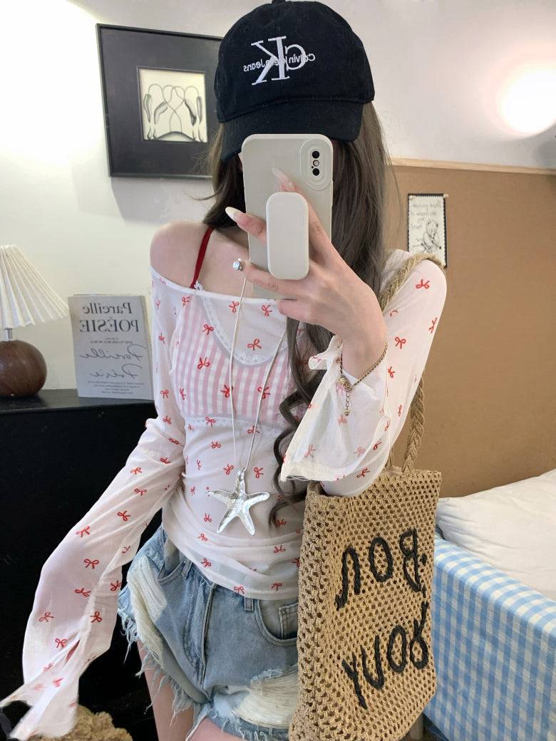 Long sleeve bow print slim fit tee – lightweight dopamine summer knit top by OOTDAY