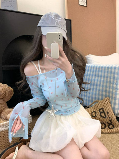 Long sleeve bow print slim fit tee – lightweight dopamine summer knit top by OOTDAY