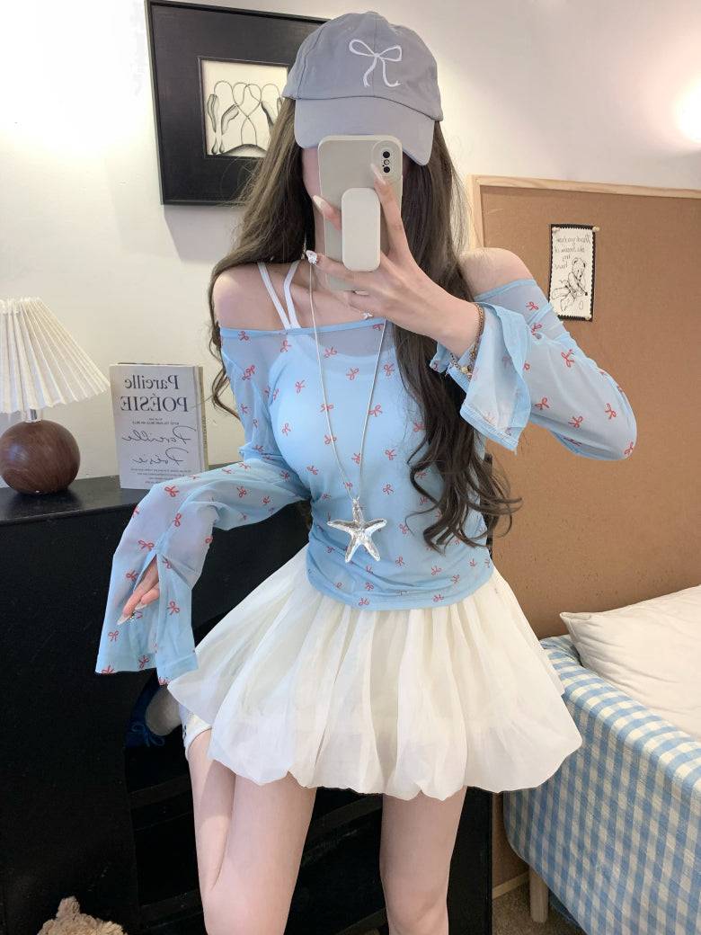 Long sleeve bow print slim fit tee – lightweight dopamine summer knit top by OOTDAY
