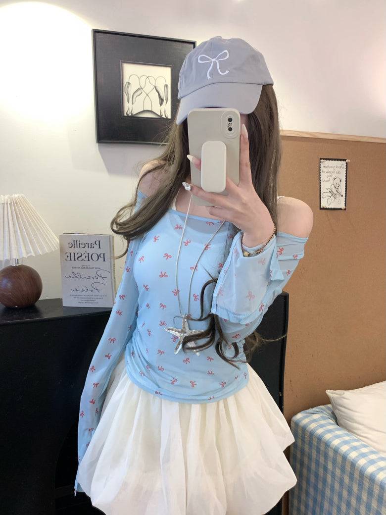 Long sleeve bow print slim fit tee – lightweight dopamine summer knit top by OOTDAY