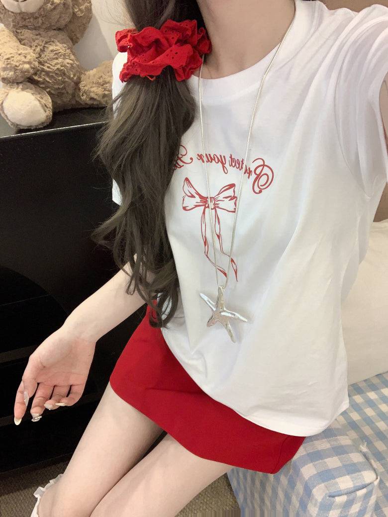 Slim fit short sleeve t-shirt with bow detail – soft girl summer minimalist top by OOTDAY