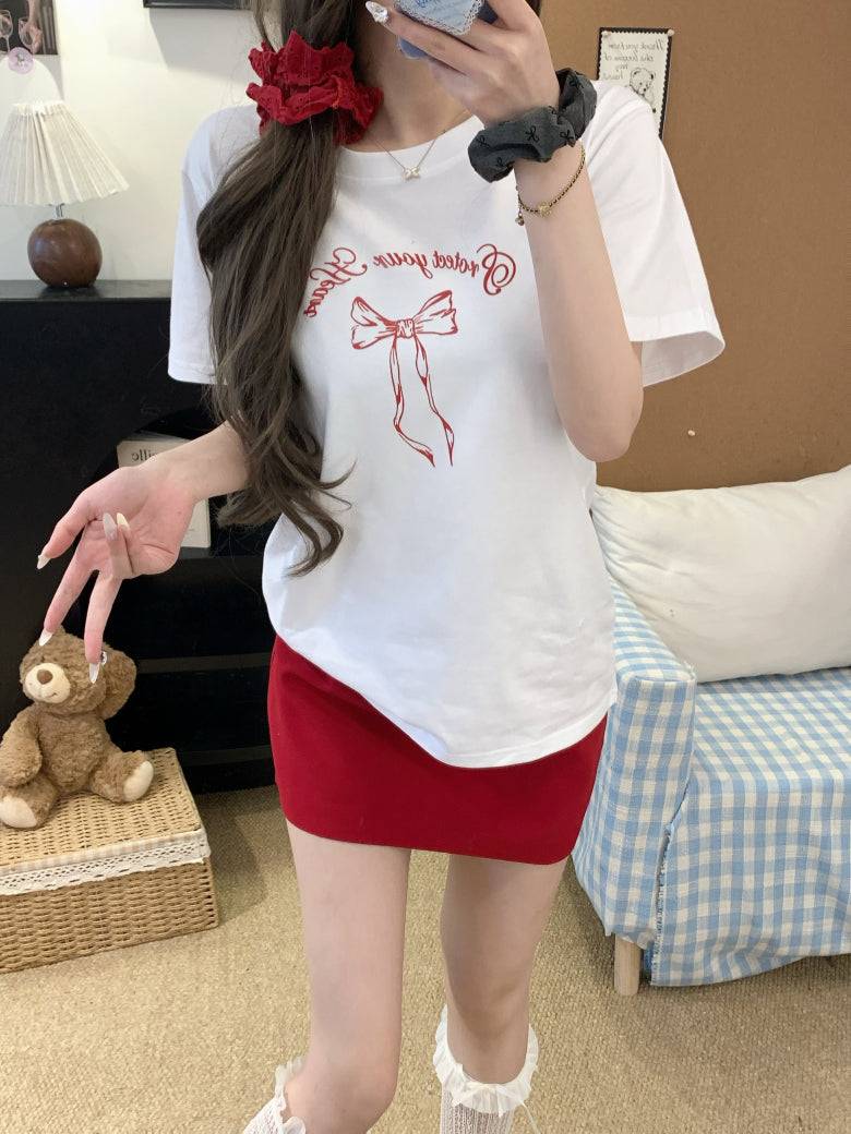 Slim fit short sleeve t-shirt with bow detail – soft girl summer minimalist top by OOTDAY