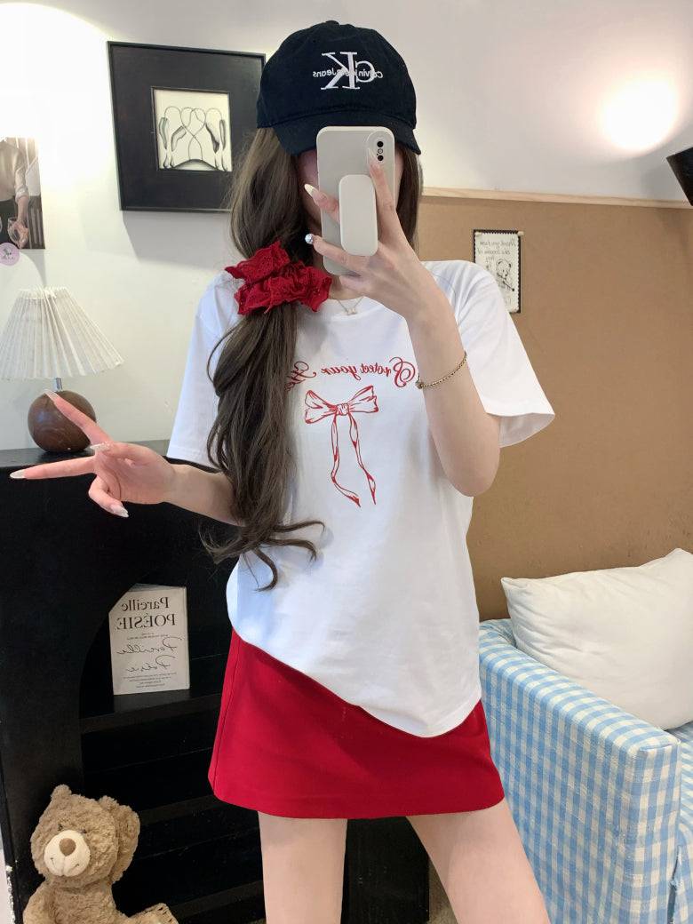 Slim fit short sleeve t-shirt with bow detail – soft girl summer minimalist top by OOTDAY