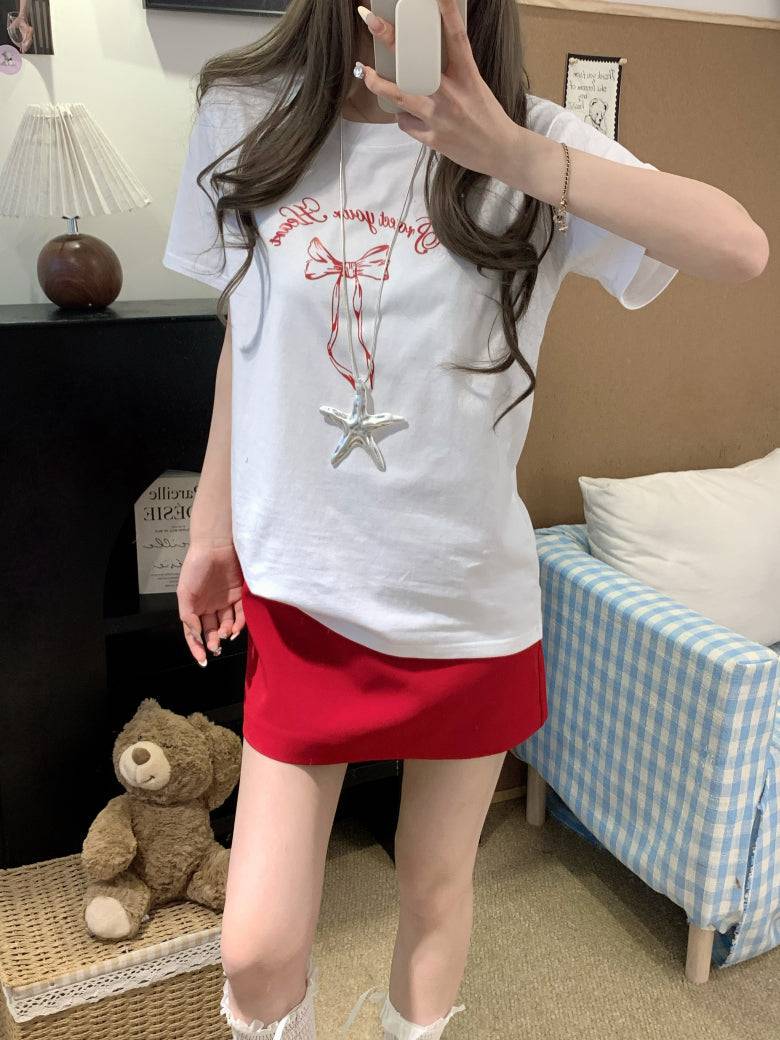 Slim fit short sleeve t-shirt with bow detail – soft girl summer minimalist top by OOTDAY