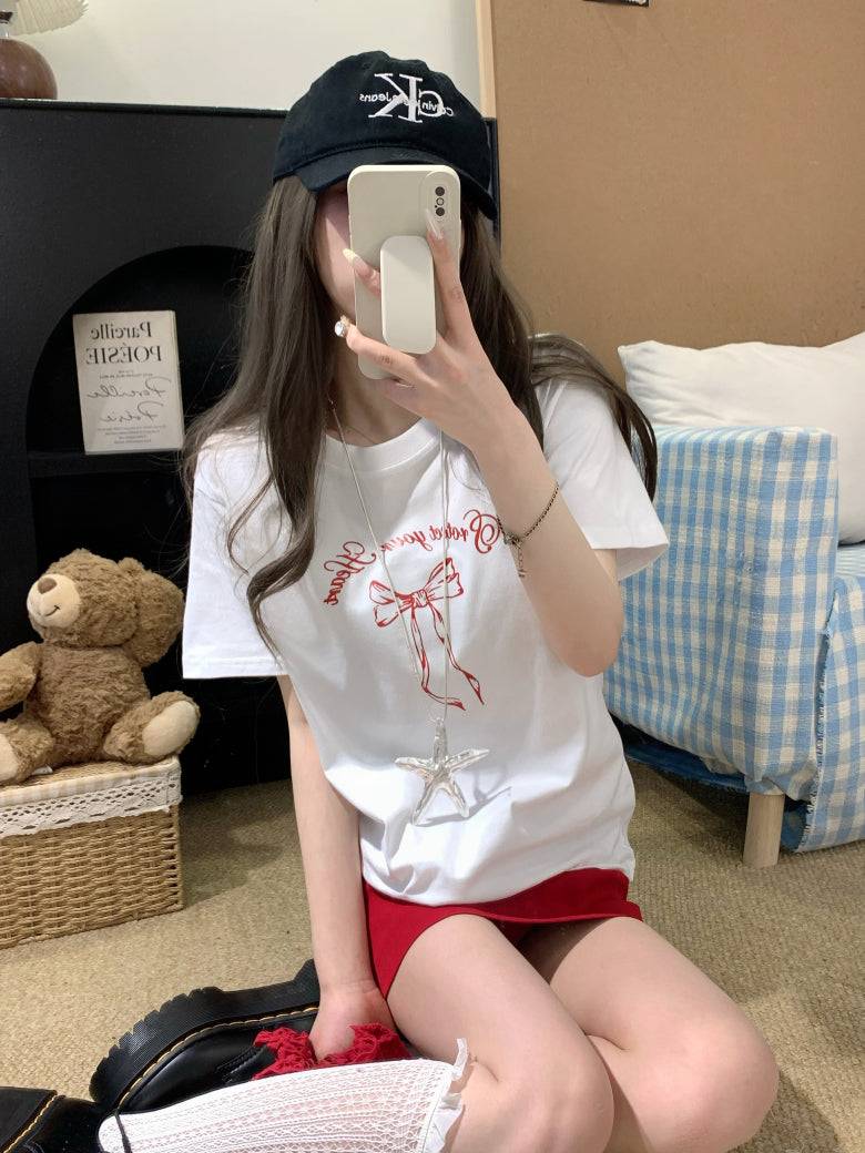 Slim fit short sleeve t-shirt with bow detail – soft girl summer minimalist top by OOTDAY