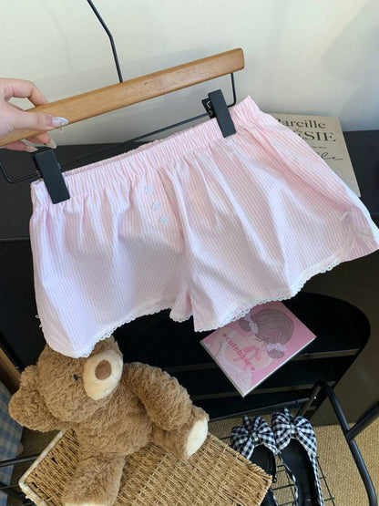 Pastel striped high-waist lounge shorts with lace trim for women – soft girl summer style from OOTDAY