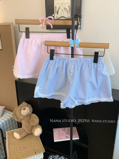 Pastel striped high-waist lounge shorts with lace trim for women – soft girl summer style from OOTDAY