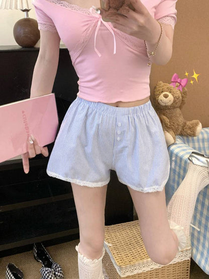 Pastel striped high-waist lounge shorts with lace trim for women – soft girl summer style from OOTDAY