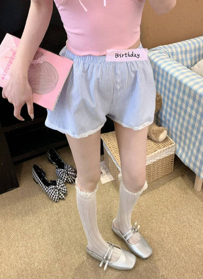 Pastel striped high-waist lounge shorts with lace trim for women – soft girl summer style from OOTDAY