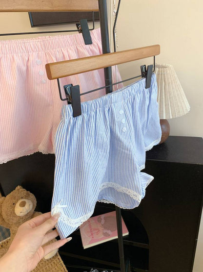Pastel striped high-waist lounge shorts with lace trim for women – soft girl summer style from OOTDAY