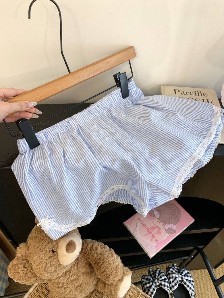 Pastel striped high-waist lounge shorts with lace trim for women – soft girl summer style from OOTDAY