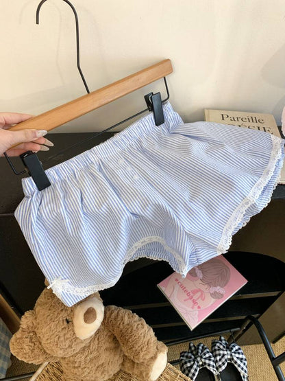 Pastel striped high-waist lounge shorts with lace trim for women – soft girl summer style from OOTDAY