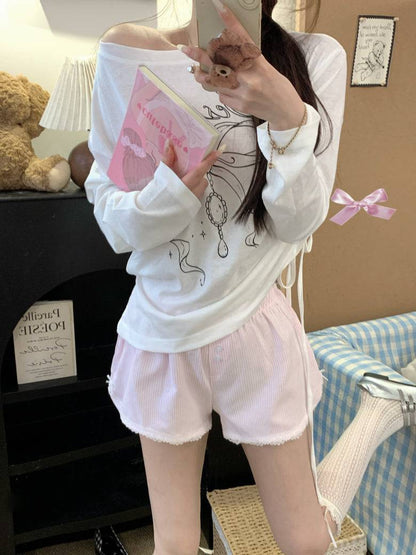 Pastel striped high-waist lounge shorts with lace trim for women – soft girl summer style from OOTDAY