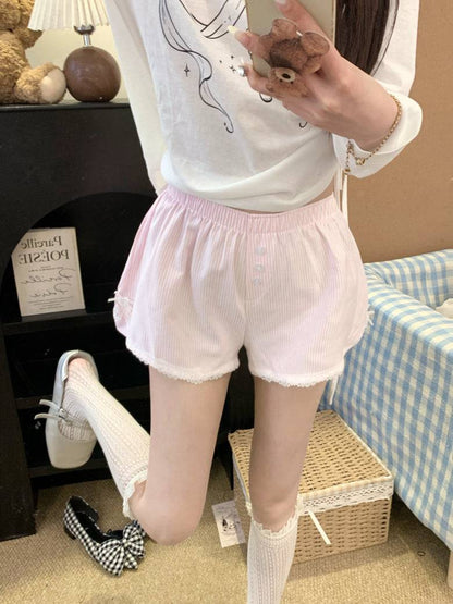 Pastel striped high-waist lounge shorts with lace trim for women – soft girl summer style from OOTDAY