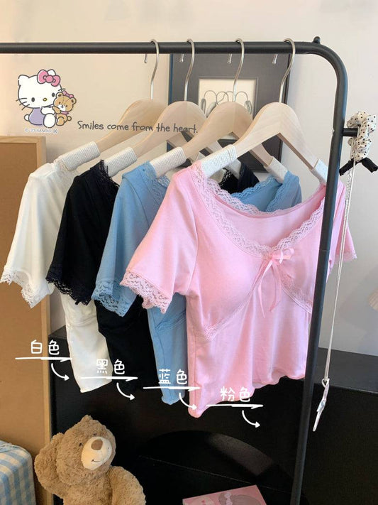 Lace-up back slim crop tee with built-in bra for women – summer fashion top from OOTDAY