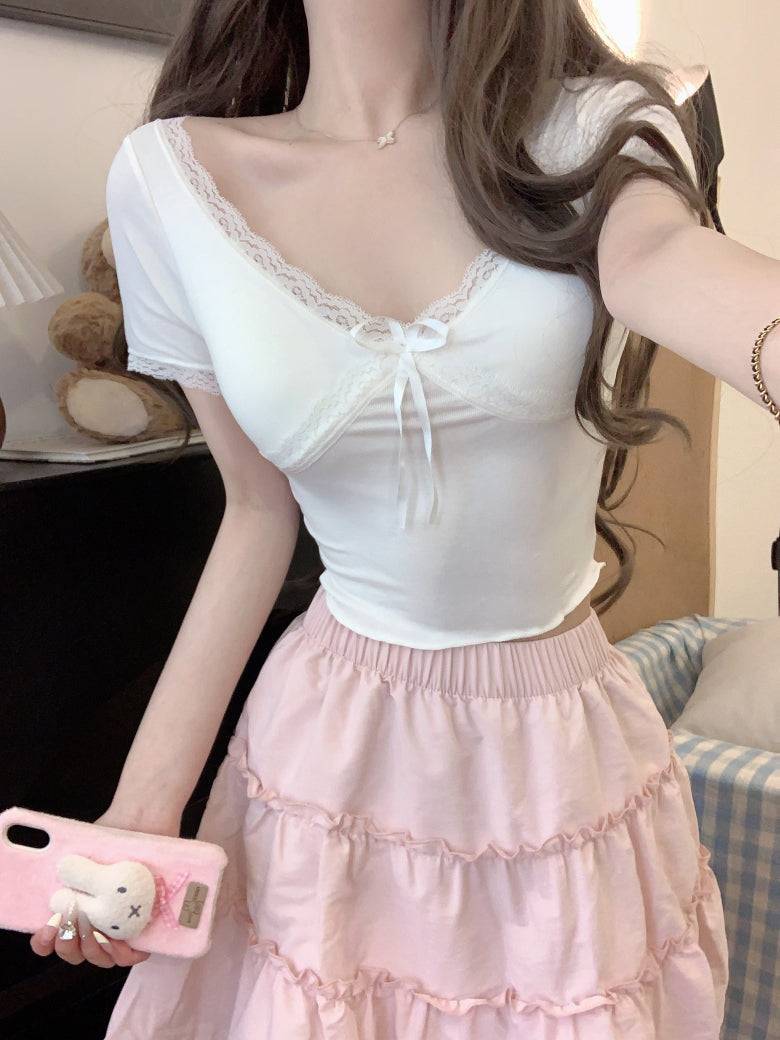 Lace-up back slim crop tee with built-in bra for women – summer fashion top from OOTDAY