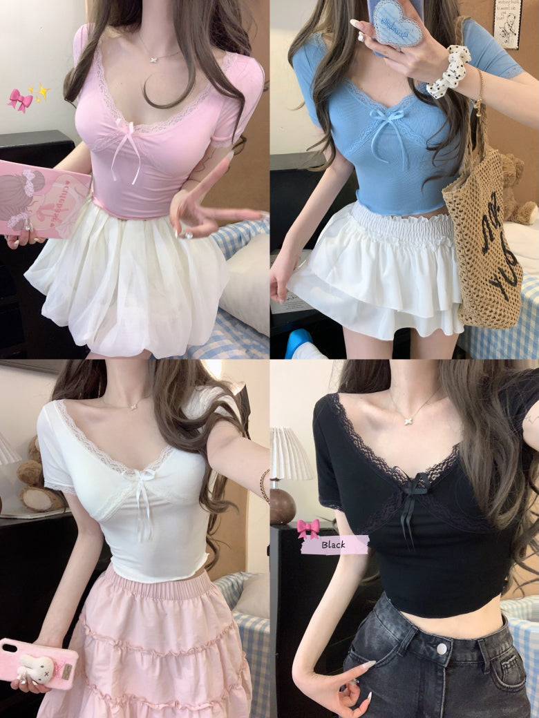 Lace-up back slim crop tee with built-in bra for women – summer fashion top from OOTDAY