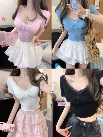 Lace-up back slim crop tee with built-in bra for women – summer fashion top from OOTDAY