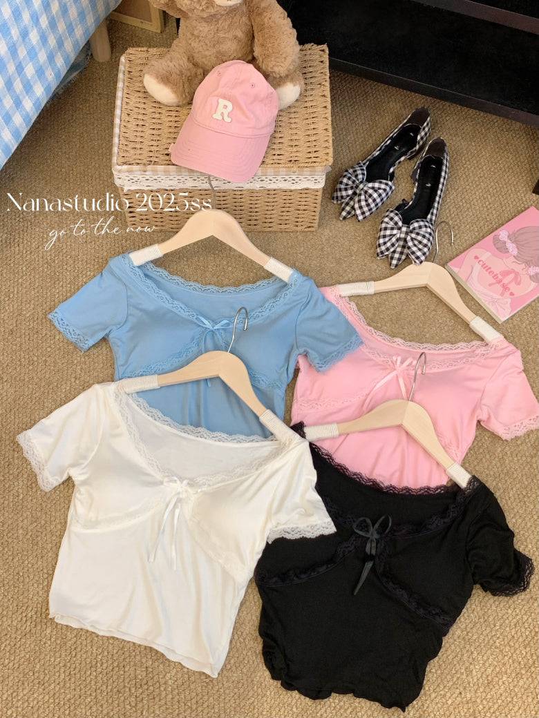 Lace-up back slim crop tee with built-in bra for women – summer fashion top from OOTDAY