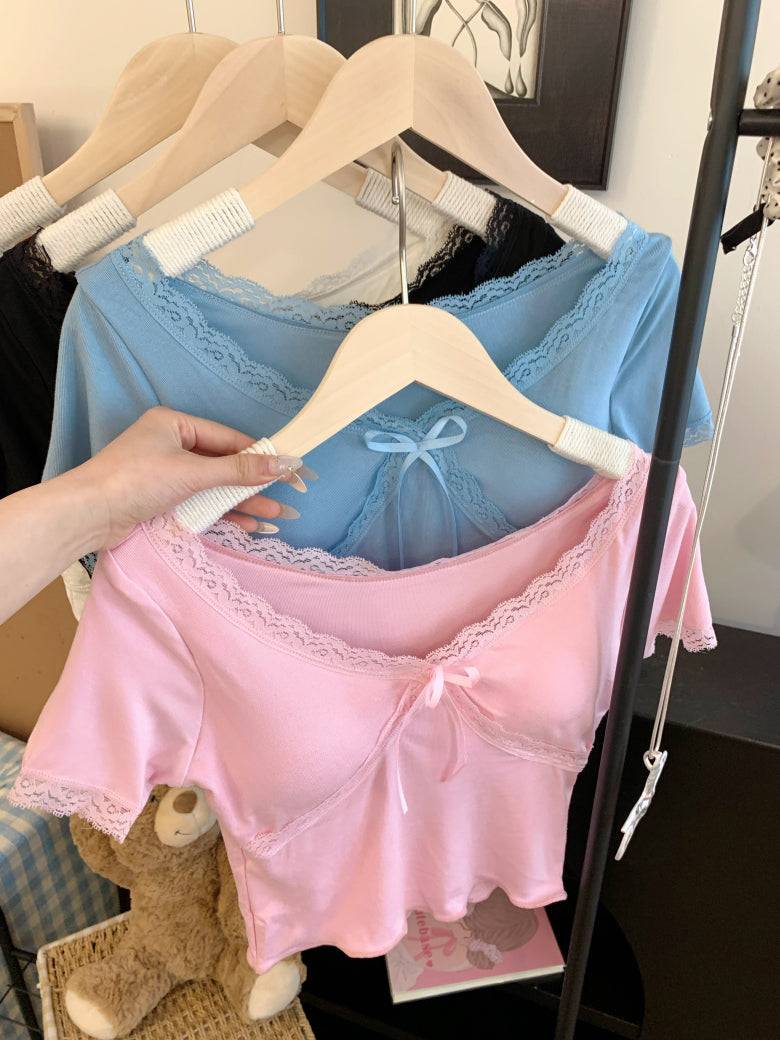 Lace-up back slim crop tee with built-in bra for women – summer fashion top from OOTDAY