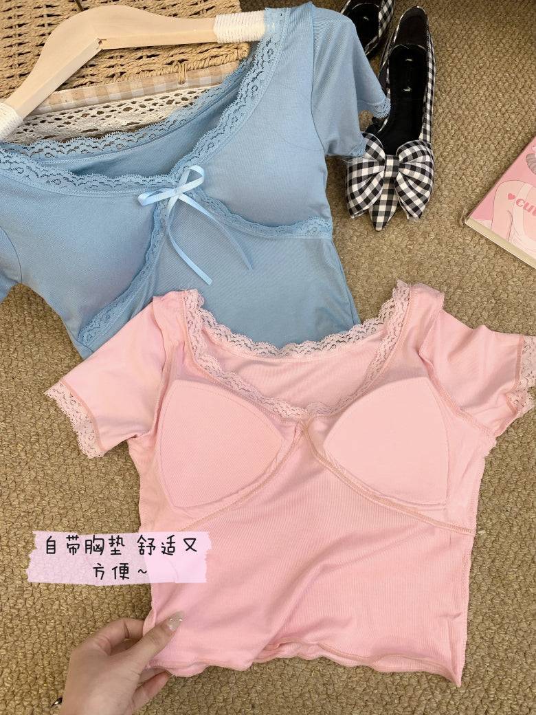 Lace-up back slim crop tee with built-in bra for women – summer fashion top from OOTDAY