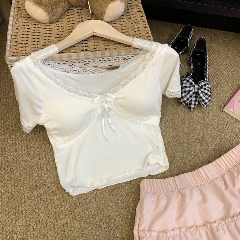 Lace-up back slim crop tee with built-in bra for women – summer fashion top from OOTDAY