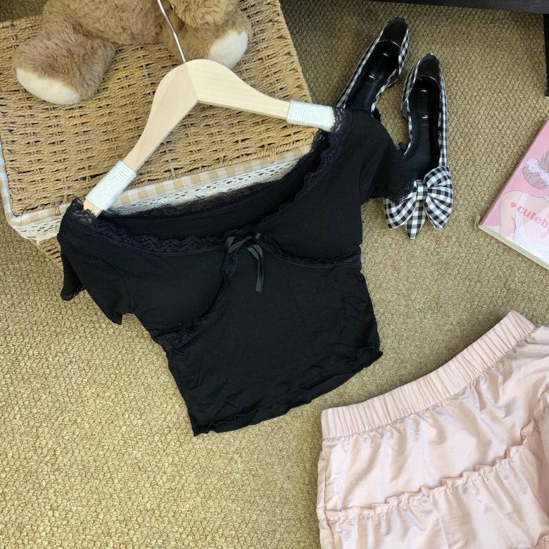 Lace-up back slim crop tee with built-in bra for women – summer fashion top from OOTDAY