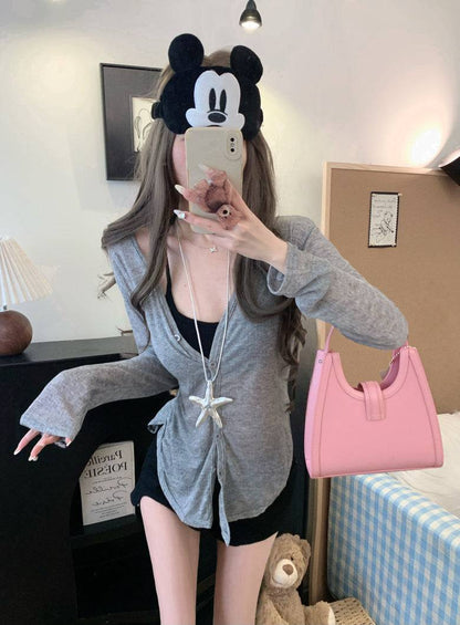 summer cardigan shirt, grey sun shirt women, lightweight long sleeve cover-up, v-neck summer outerwear, OOTDAY cardigan