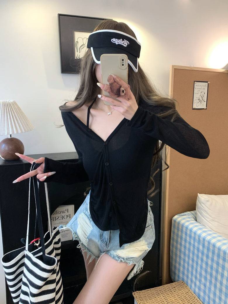 summer cardigan shirt, grey sun shirt women, lightweight long sleeve cover-up, v-neck summer outerwear, OOTDAY cardigan