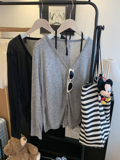 summer cardigan shirt, grey sun shirt women, lightweight long sleeve cover-up, v-neck summer outerwear, OOTDAY cardigan