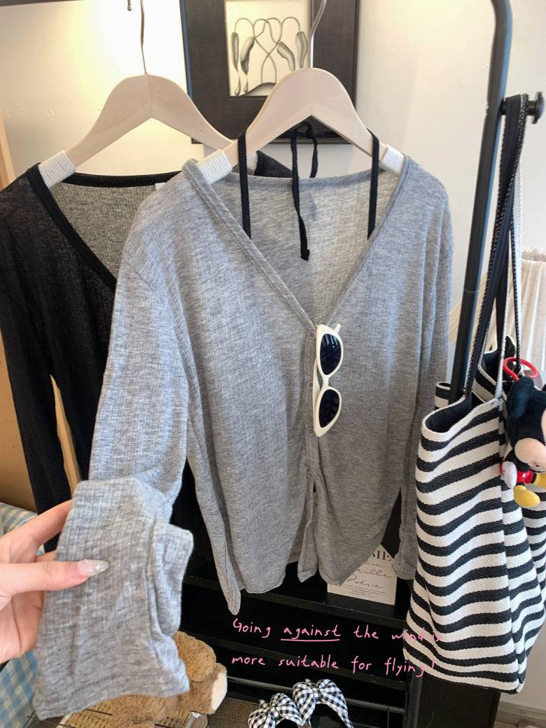 summer cardigan shirt, grey sun shirt women, lightweight long sleeve cover-up, v-neck summer outerwear, OOTDAY cardigan