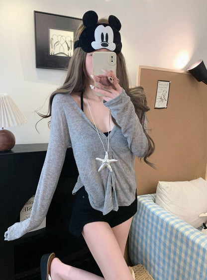 summer cardigan shirt, grey sun shirt women, lightweight long sleeve cover-up, v-neck summer outerwear, OOTDAY cardigan